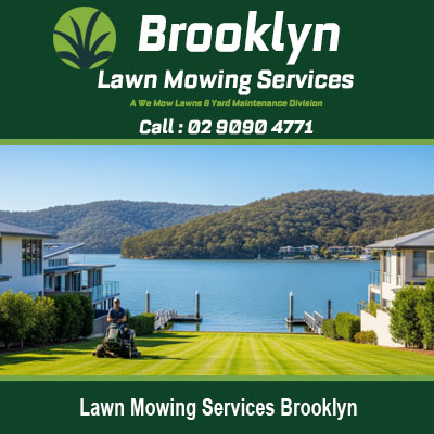 Lawn mowing services Brooklyn NSW with waterfront property and pristine green grass maintenance
