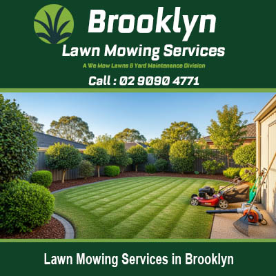 Lawn mowing services in Brooklyn NSW showing freshly cut grass with professional striped pattern