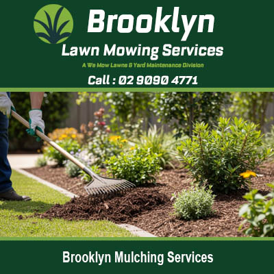 Brooklyn mulching services NSW with gardener spreading fresh mulch around garden beds and plants
